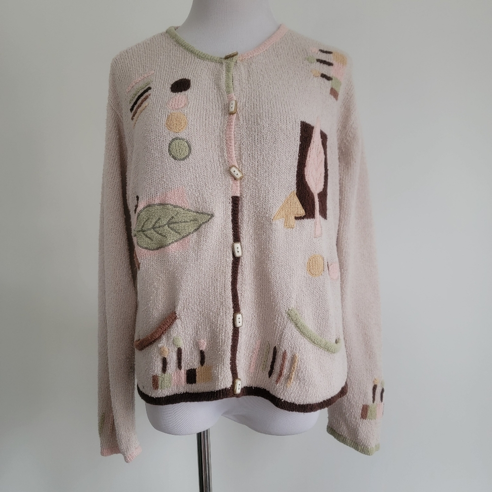 Vintage AnnTrinity Womens Cream Leaf Embroidered Cardigan/Jacket Sweater Knited